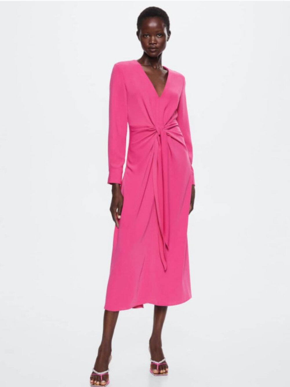 Mango Bright Pink Long Sleeve Tie-Waist Dress